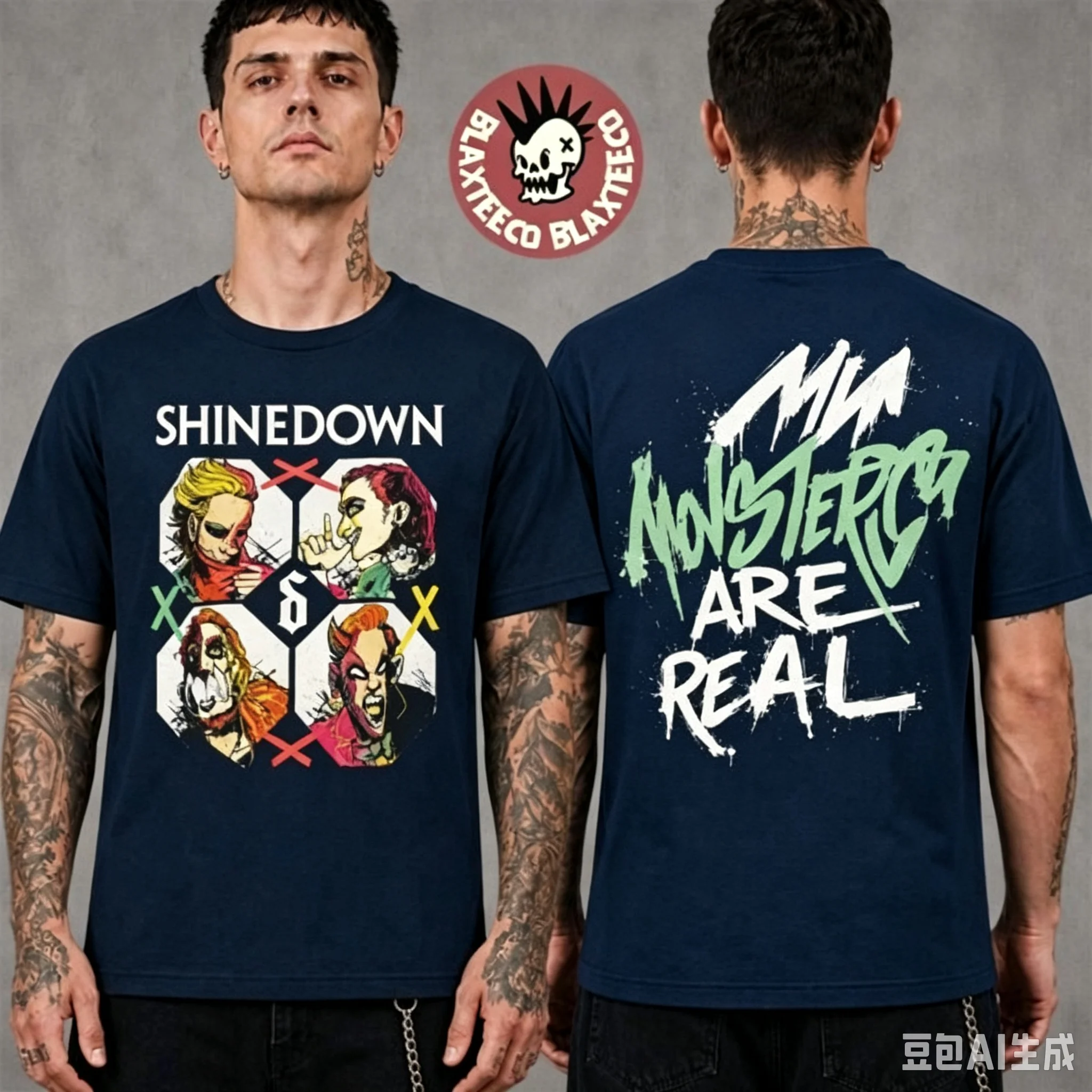 Shinedown Dance Kids zweite Saison 2026 Tour-Merchandise, mit einem Comic-artigen Monster, das tatsächlich existiert, auf einem T-Shirt. – Detail 4