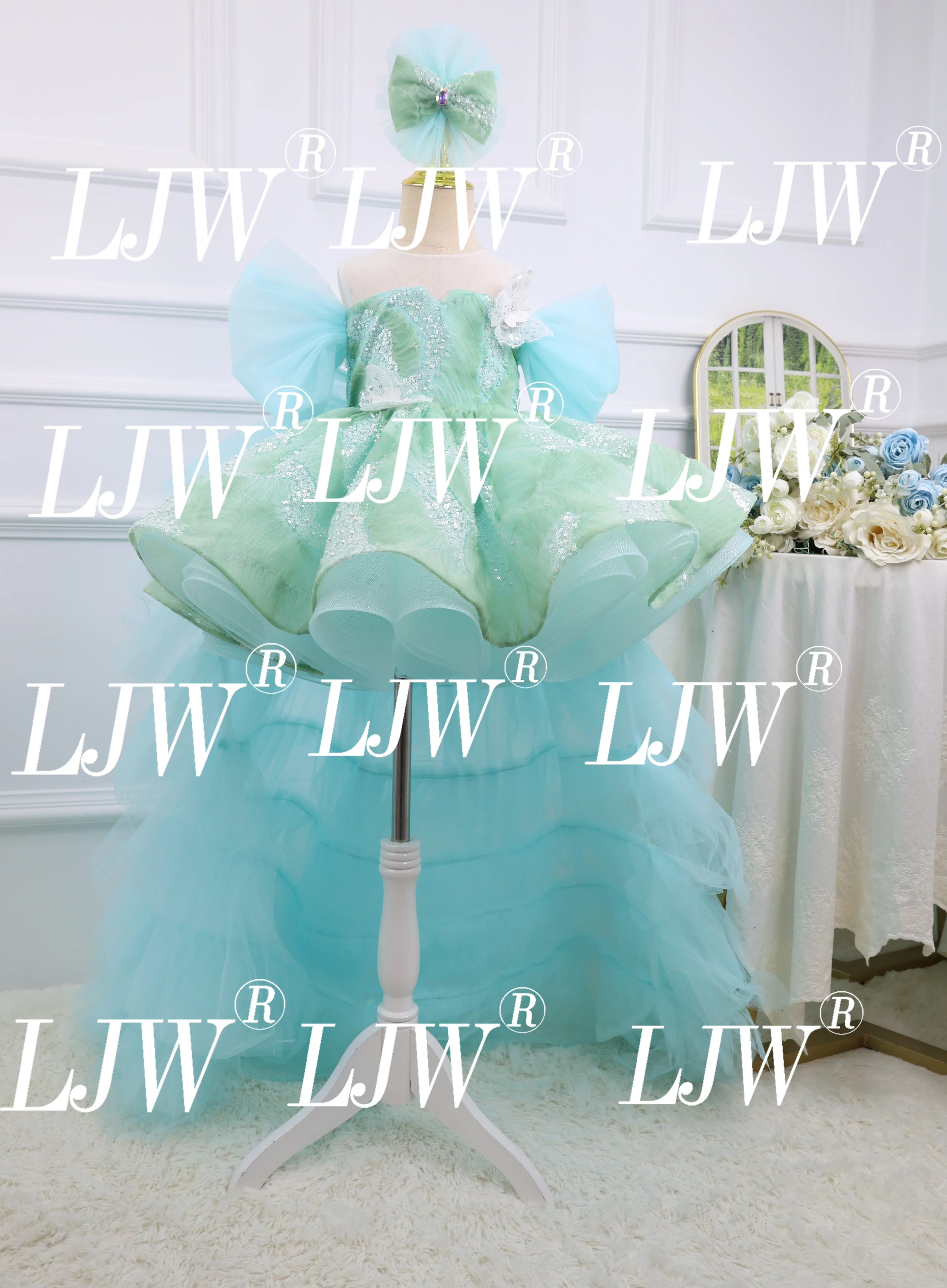 LJW Pink flower girl wedding dress long tulle elegant bridesmaid costume catwalk piano performance costume summer girl costume