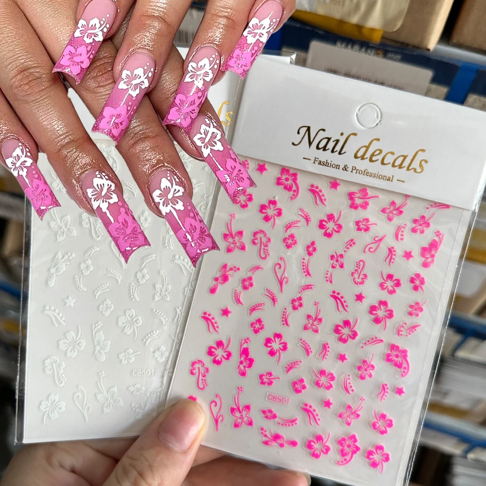 2 stks 3D Hibiscus Bloem Nagelstickers 3D Zelfklevende Wit Roze Bloem Nagelstickers Tropische Bladeren Zomer Nail Art Decoratie