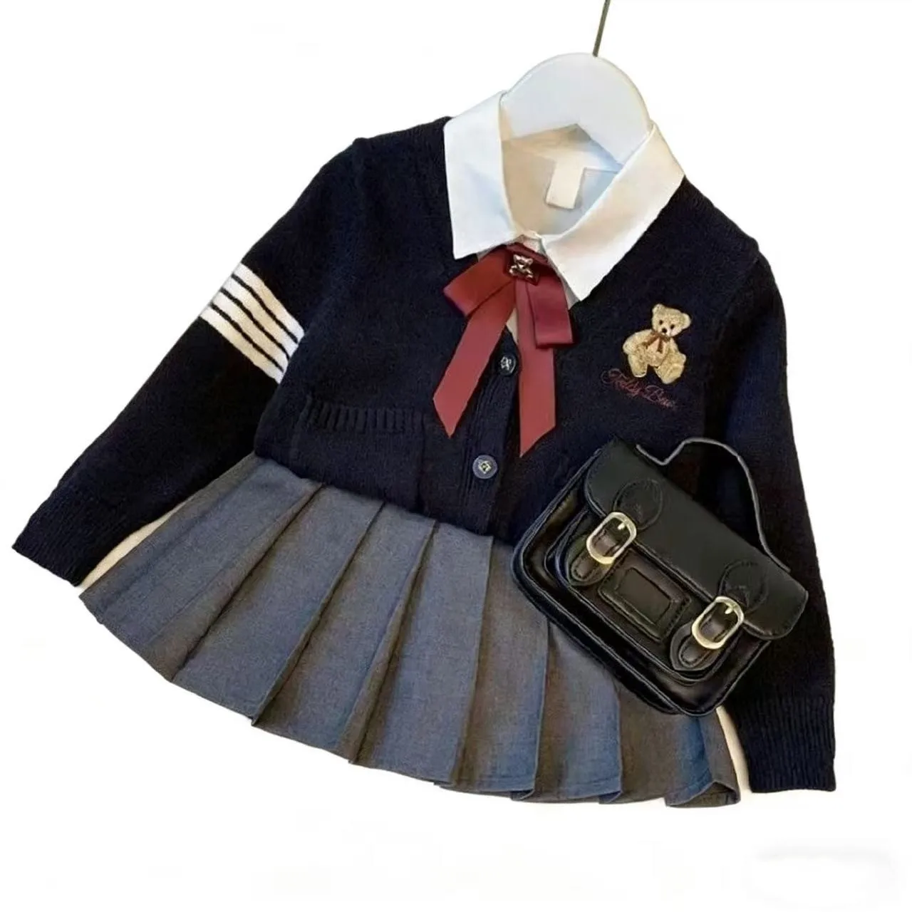 Girls Sweater Cardigan Suit 2026 New Children's JK College Uniform Suit White Shirt Short Skirt Coat Teenage Girls Clothes Set