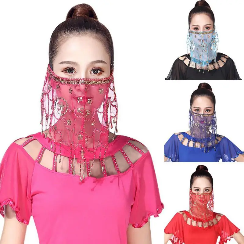 

Women Belly Dance Face Veil With Sequins Beautiful Lady Belly Dance Dancing Face Mask Voile Wrap Scarf Perform Accessory