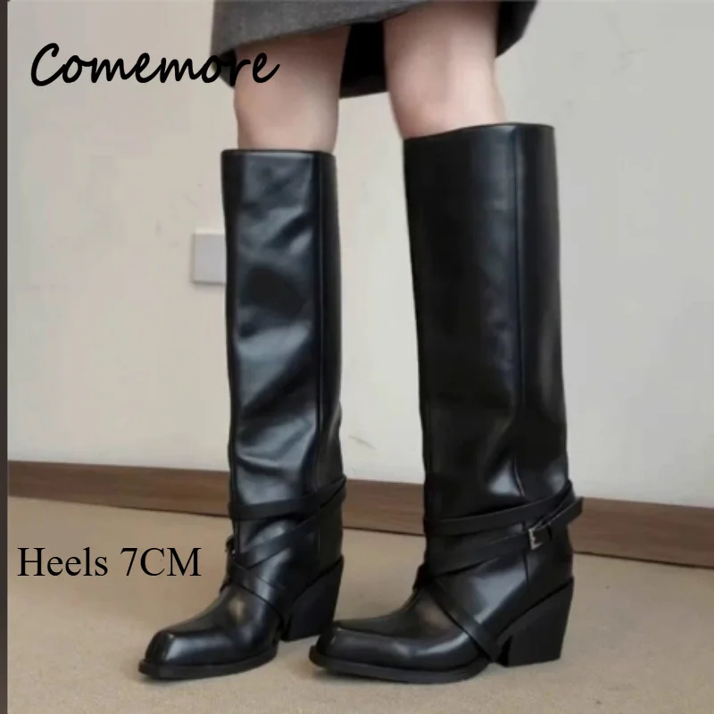 Comemore Fashion Black Street Long Boots Motorcycle Knight Booties Winter Warm Chunky Heel  Leather Shoes Botas Femininos
