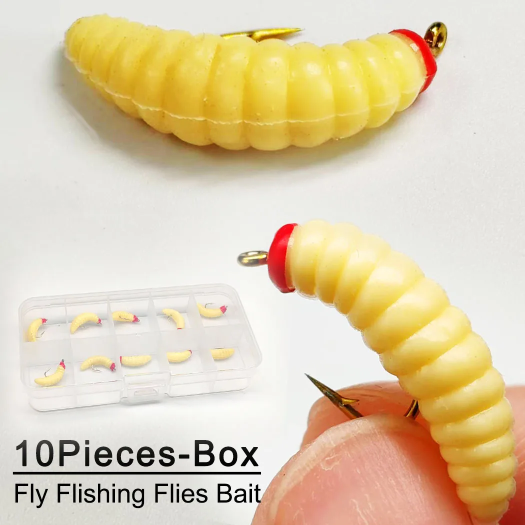 Fliegenfischen-Fliegen, Trockenfliegen-Köder, 10 Stück/Box, weicher Madewurm, beige Nymphenköder zum Fangen von Fischen wie Forelle/Bass usw