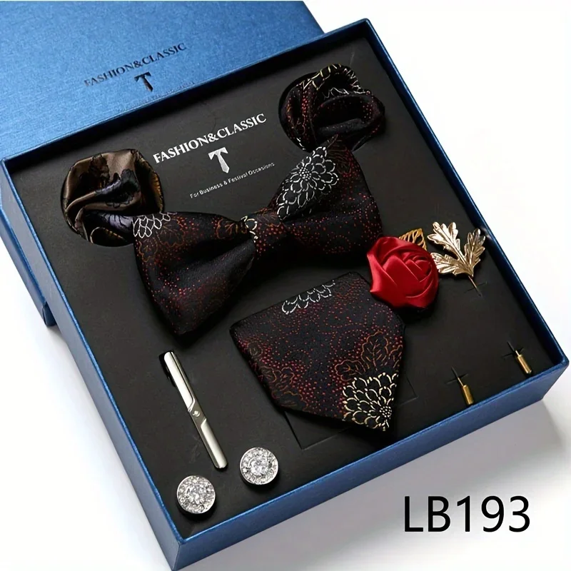 1 Set Of Men\'s Striped Tie, Tie Clip, Bow Tie, Pocket Handkerchief, Brooch And Cufflinks Set, Gift Box For Men