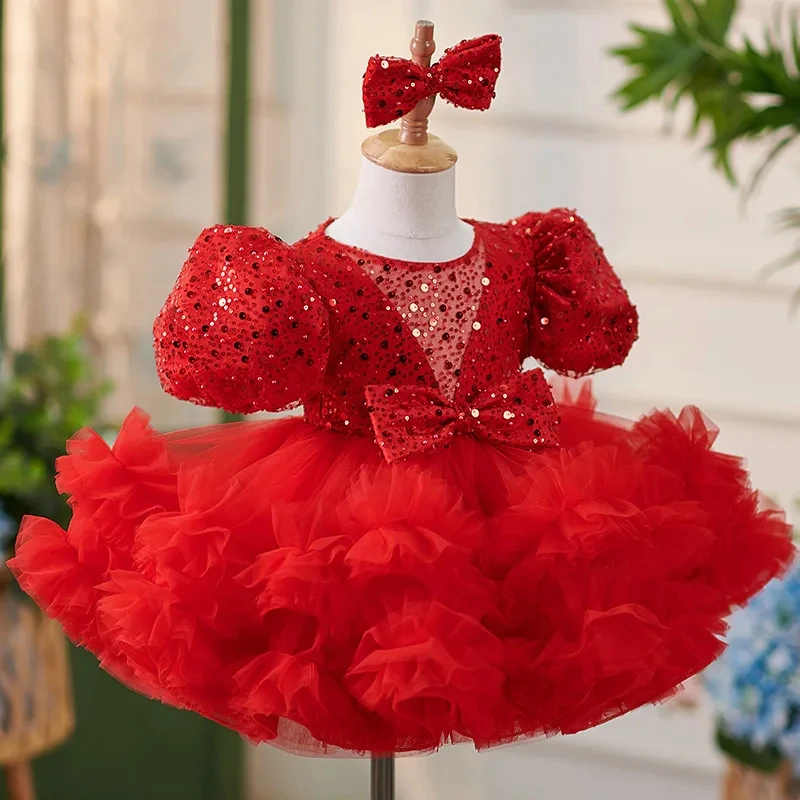 Vestido puffy flor vermelha infantil, vestidos de menina, camadas, vestido de festa de aniversário infantil, vestido de primeira comunhão infantil