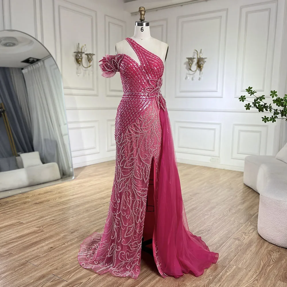 Serene Hill Arabic Fuchsia One-Shoulder Tulle Overskirt Mermaid Beaded Evening Gown Customize | Wedding Party 2025 BLA72599