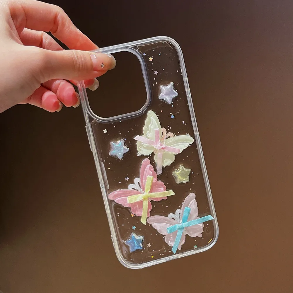 

Korean Cute 3D Ribbon Bowknot Butterfly Clear Case For iPhone 16 15 14 13 12 11 Pro Max 15 Plus Shockproof Transparent Cover