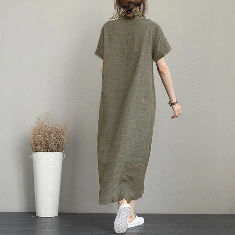 2023 Women New Summer Cotton Linen Lapel Pockets Loose Casual Vintage Dresses Short Sleeve Oversized Long Dress