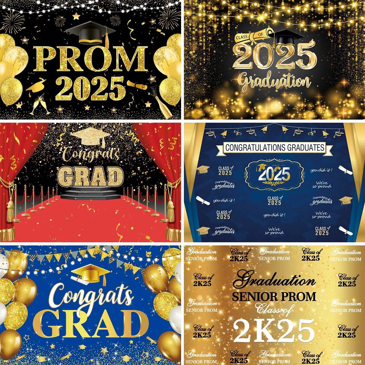 Class Of 2025 Graduates Photography Backdrop Graduation Caps Gold Black Balloons for Congrats Grad Prom Themed Photo Background