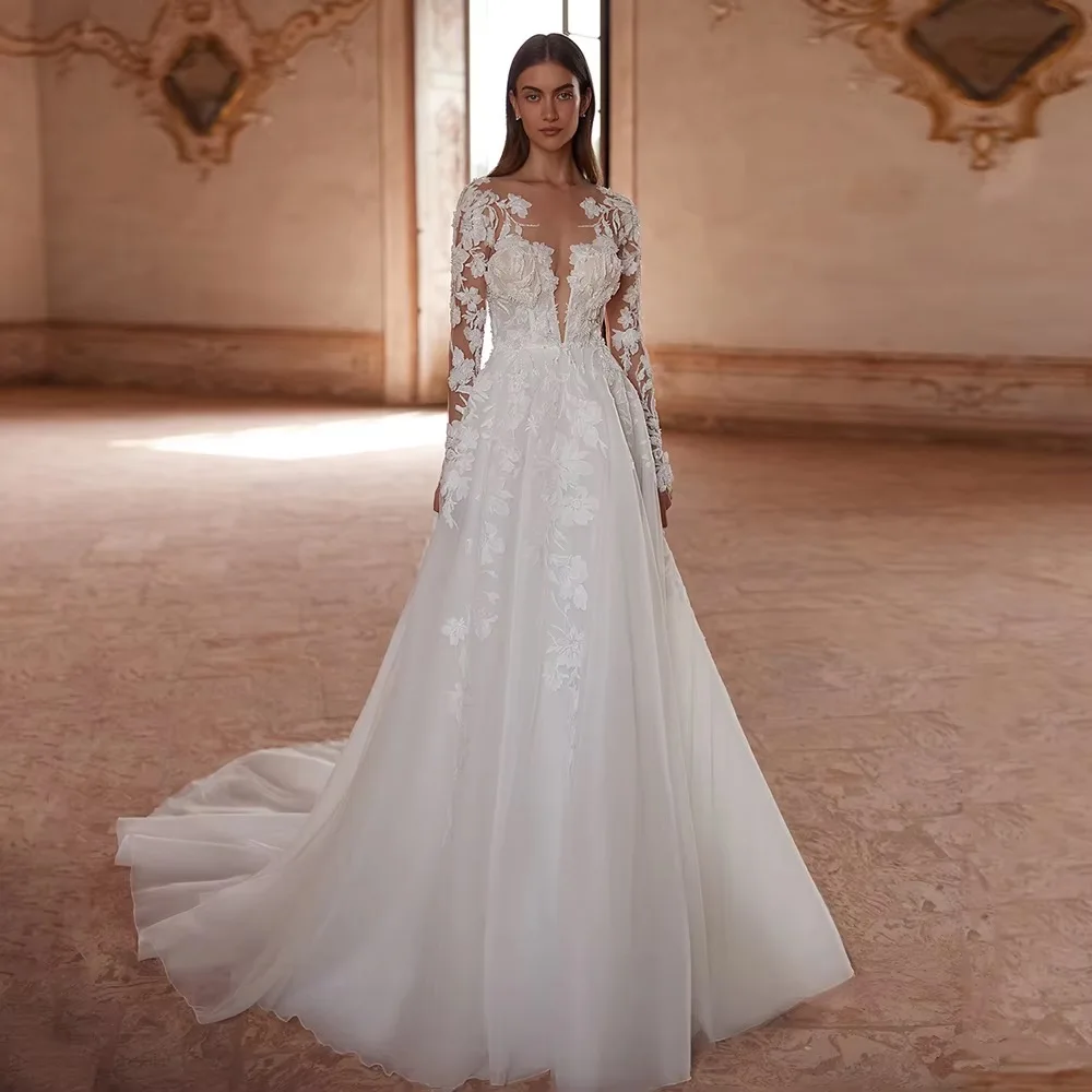 Robe de Mariée à Manches sulfet Col Rond, Personnalisée, Transparente, avec Appliques, Traîne, Ligne A, 2025