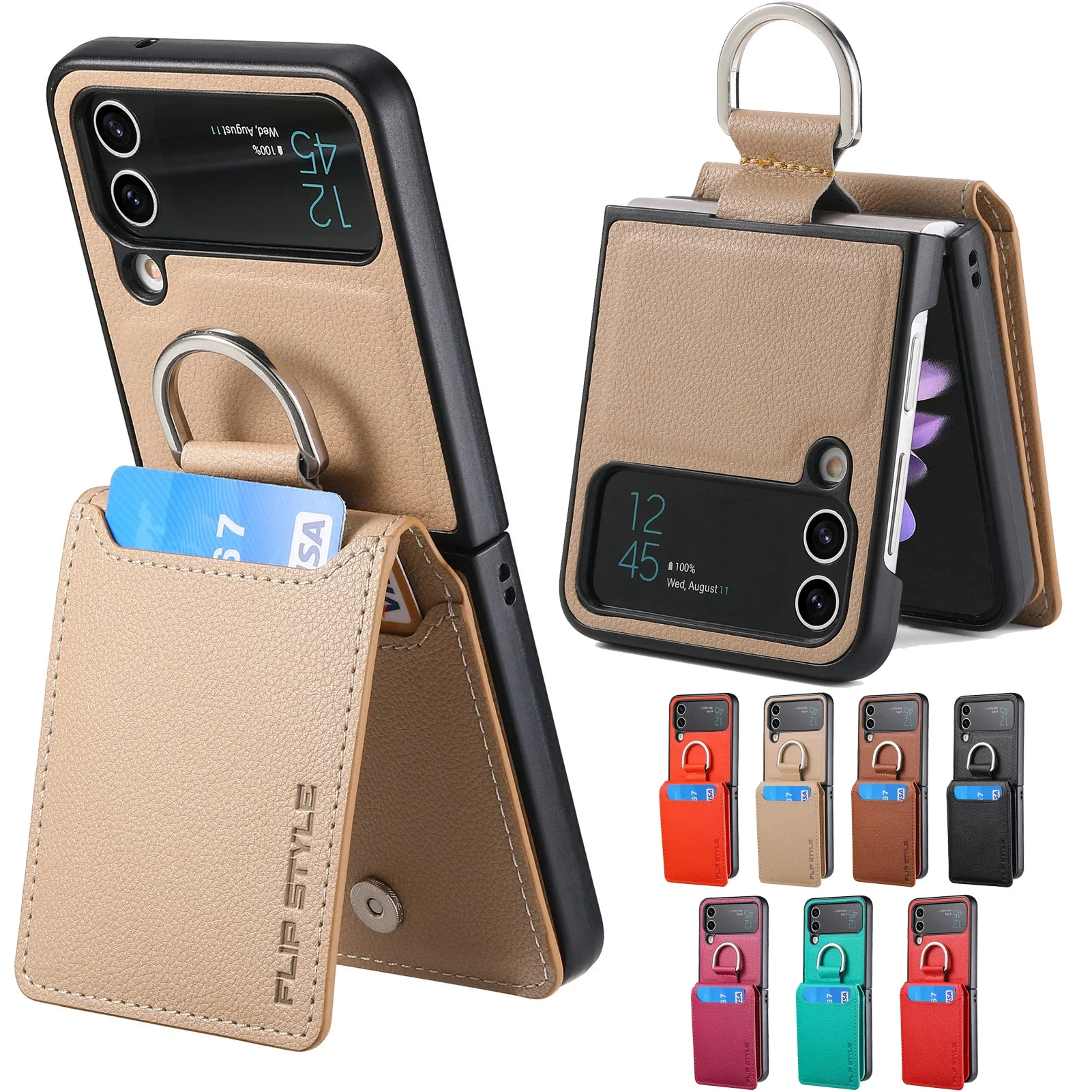 Vertical Cards Solt Magnetic Wallet Ring Holder Leather Case for Samsung Galaxy Z Flip 6 5 4 Flip3 Flip4 5G Zflip4 Stand Cover