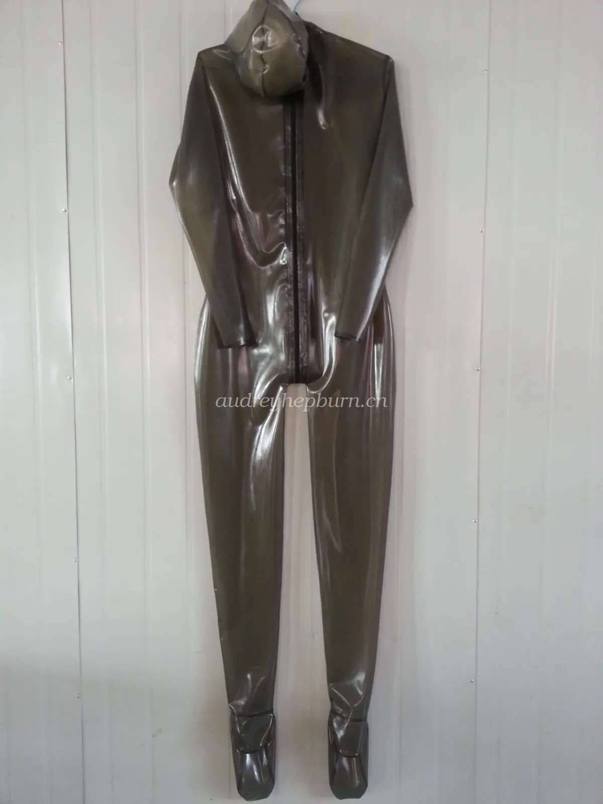 Latex Rubber Bodysuit Suit Catsuit With Mask Headgear Smoke Gray Size XXS-XXL