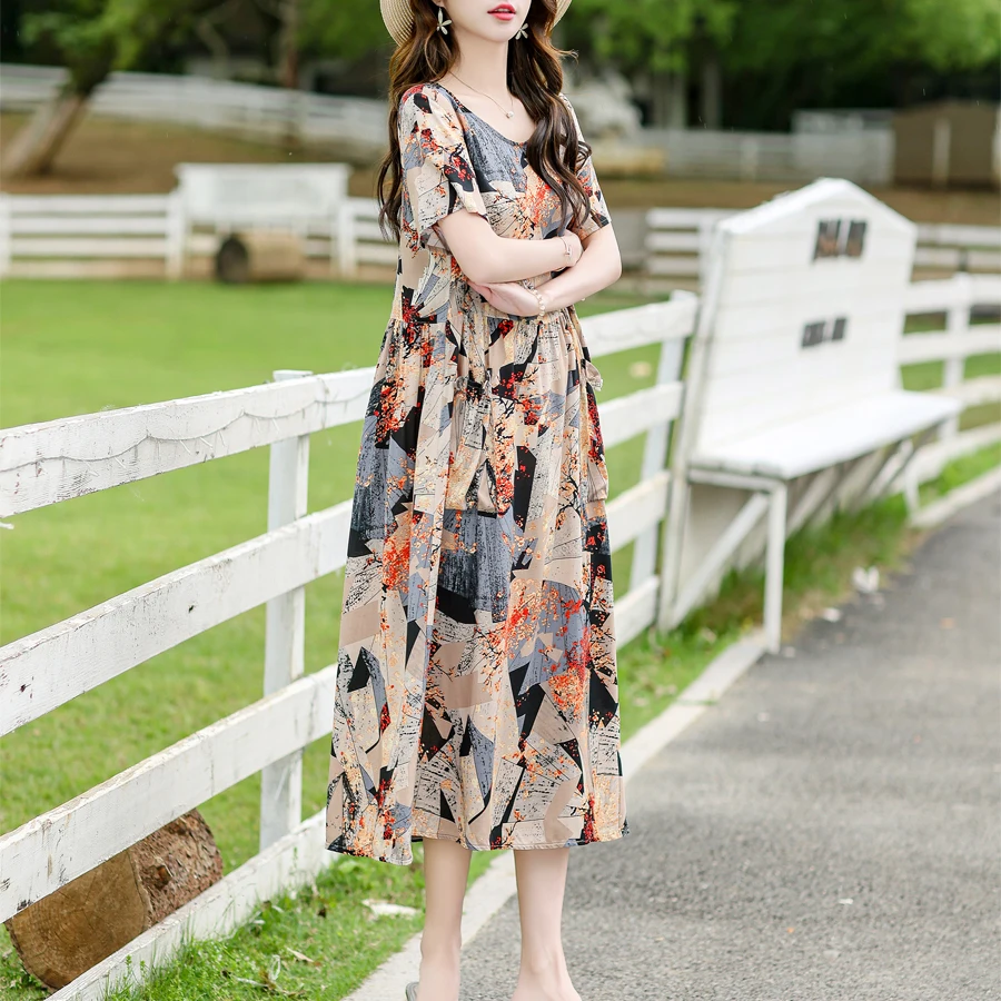 Vintage Floral Print summer dress Women Boho short Sleeve Long Dress o-neck Collar Casual plus size Dresses Robe