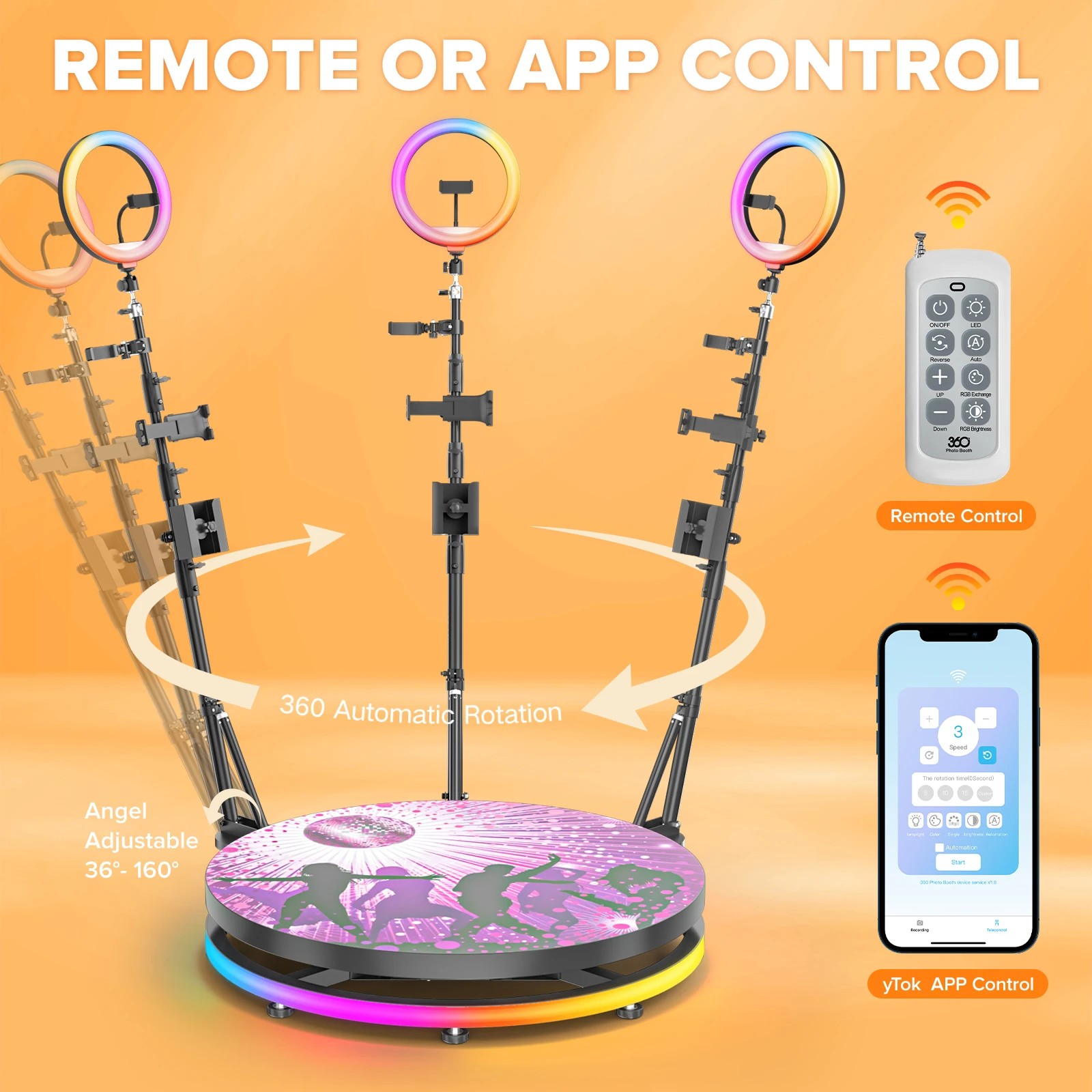 360 Photo Booth for Events with Flight Case Automatic 360 Photo Booth Machine with RGB Ring Light APP/Remote Control for Parties