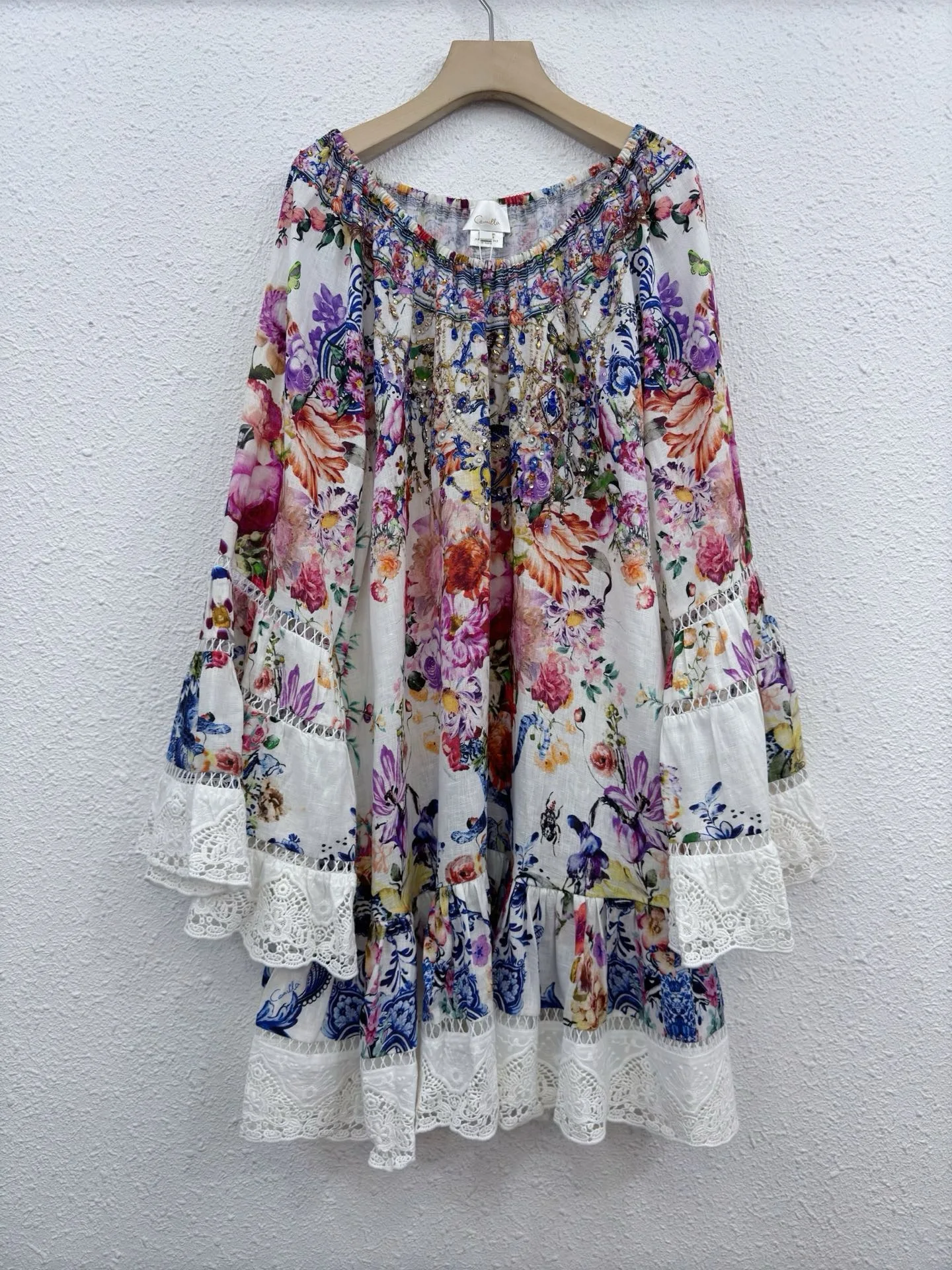 

EVACANDIS 100% Linen Women New Long Lantern Sleeve Luxury High Quality Floral Printing Mini Dress Bohemian Elegant Vintage Sweet