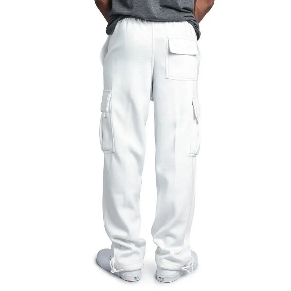 Solid Color Cargo Pants Men's Cargo Pants with Elastic Waist Adjustable Drawstring Multi Pockets Casual Overalls Wide Leg Solid