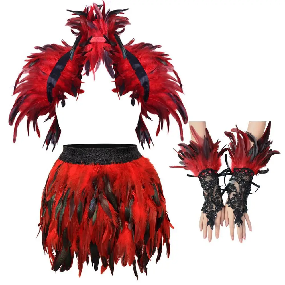 女性用フェザーコスチューム-3点セット-–-ハロウィンやプロム用のショール、ドレス、手袋