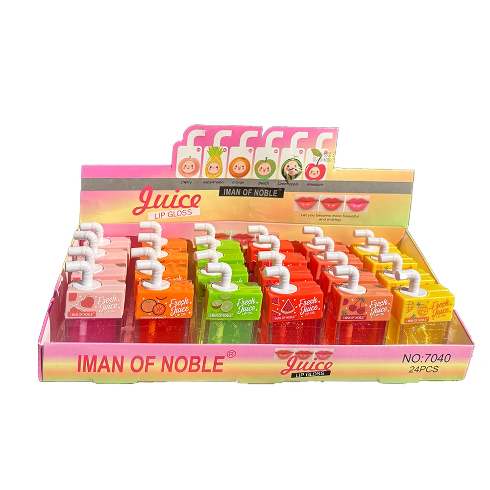 24 個かわいいジュースボックスリップグロスセットフルーティークリア水っぽい保湿リップグロス液体口紅唇化粧品