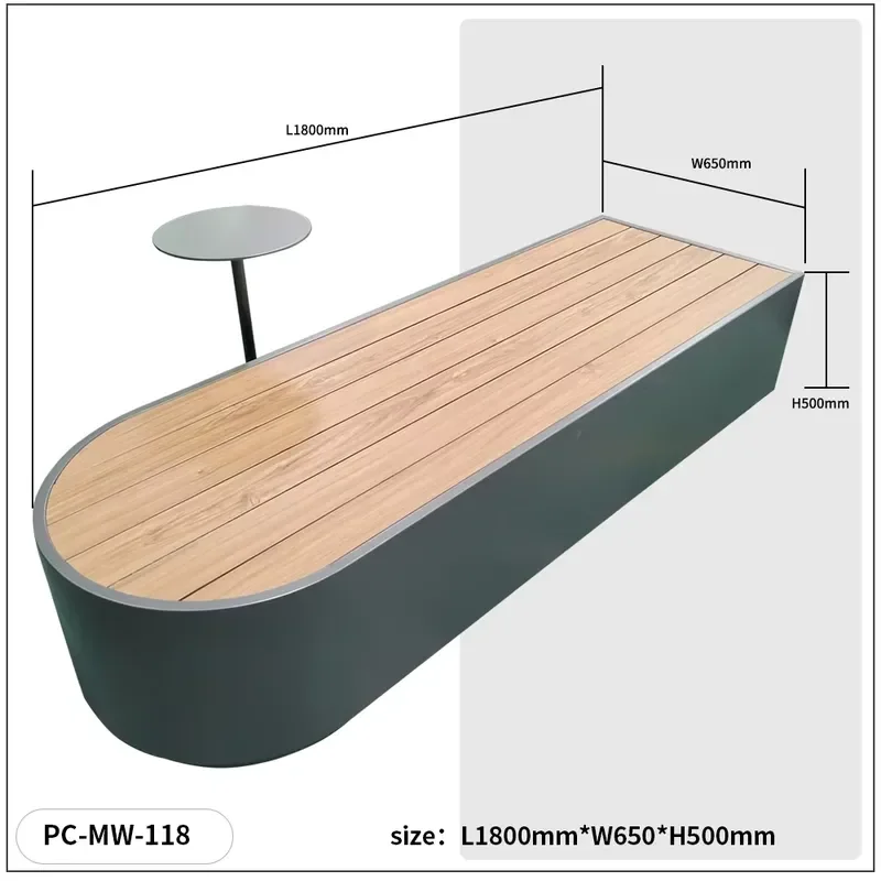 Outdoor wooden and galvanized steel storage benches with terrace dining mall hotel tables