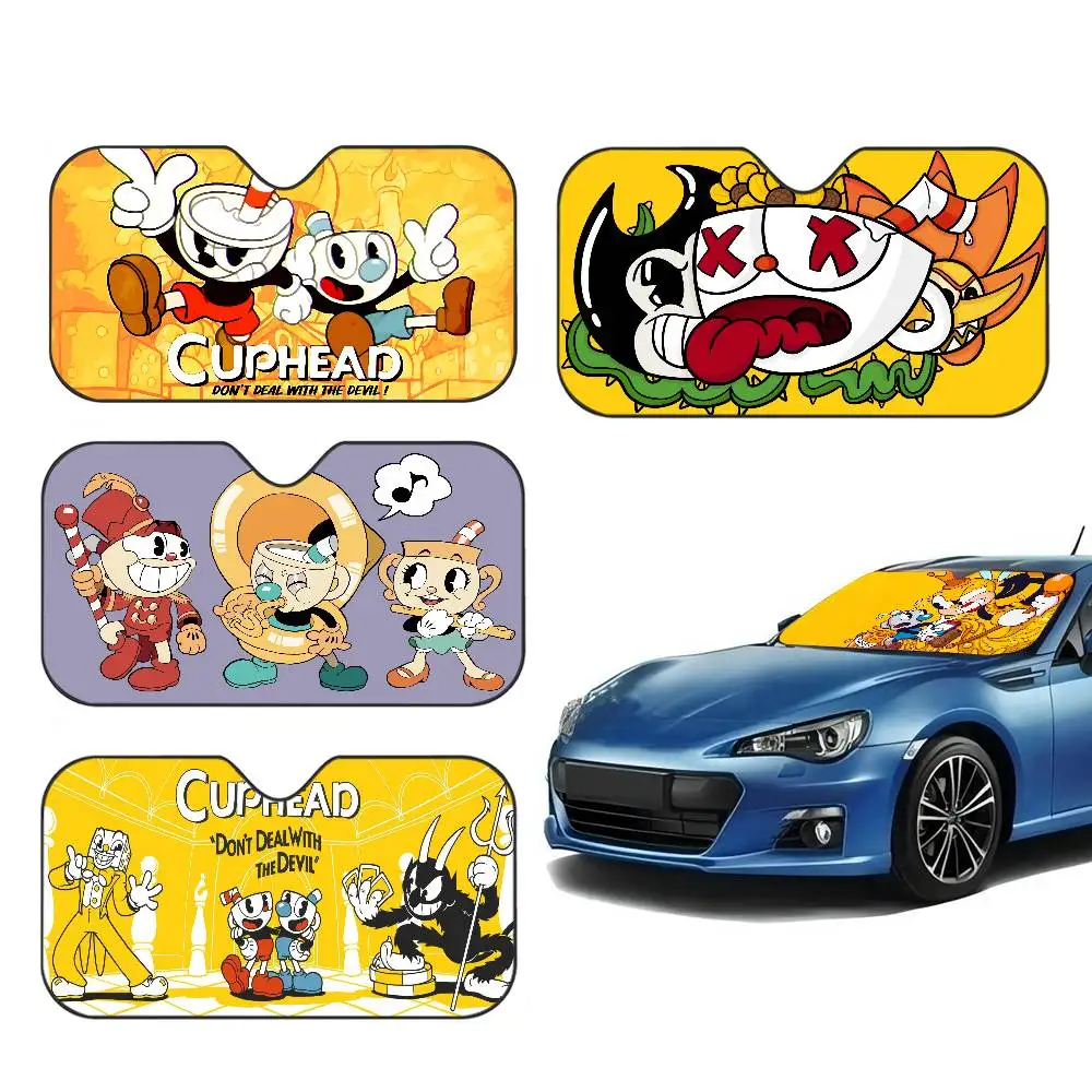 Funny C-Cuphead Cartoon Novelty Car Front Windshield Sunshade 70x130cm Cartoon Foils Car Window Windscreen Cover