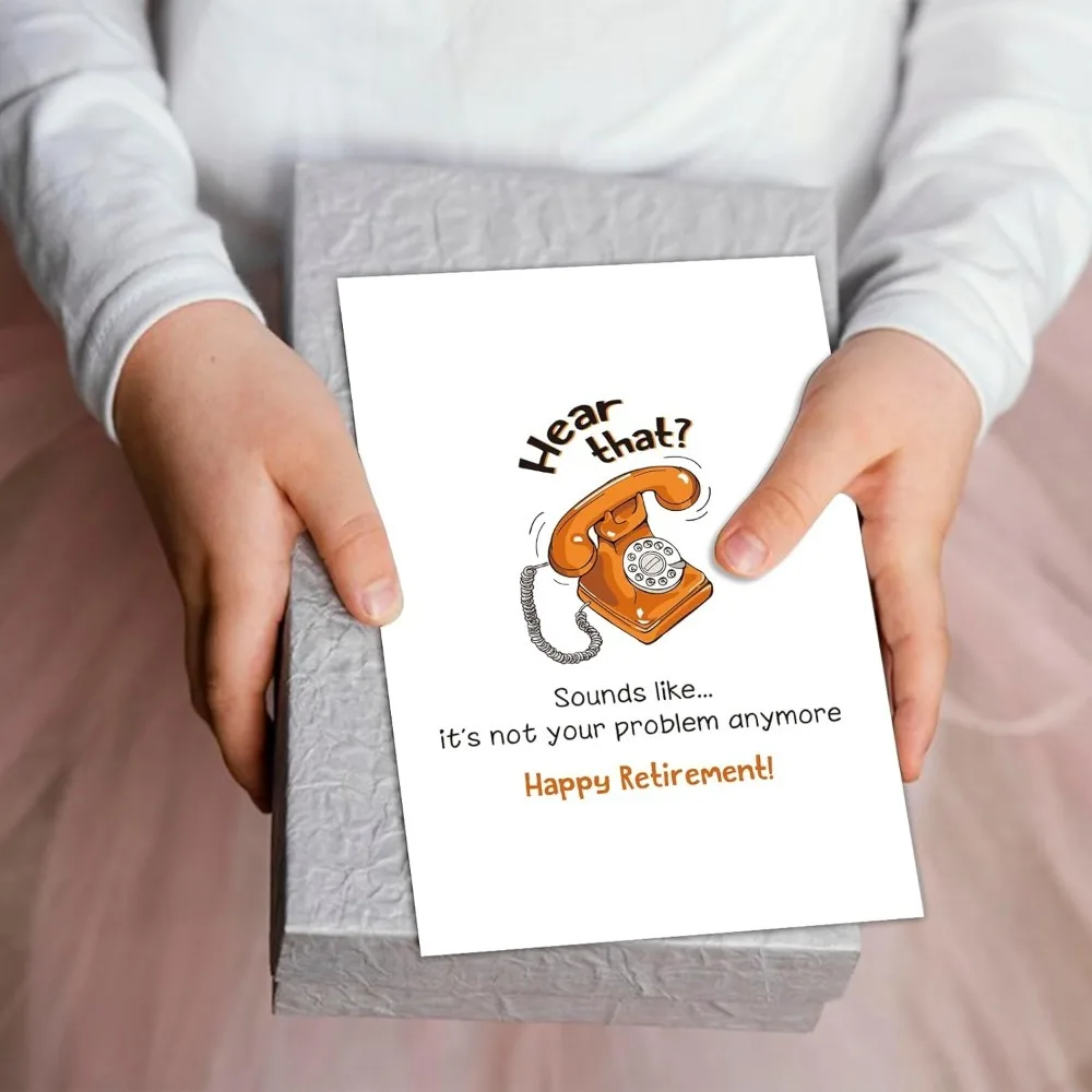 Tarjeta de felicitación divertida para el retiro: ¿Escuchaste eso? Tarjeta con diseño de teléfono retro con la frase "Ya no es problema tuyo" y sobre rojo
