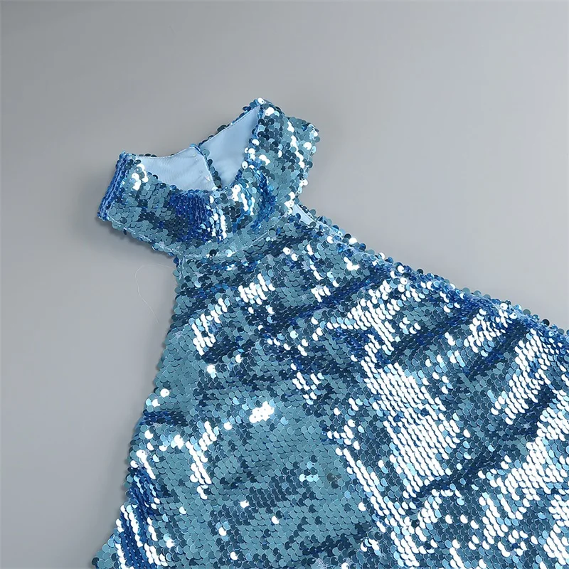 Baby Blue Sequins Sheath Evening Dress Sexy High Neck Sleeveless Hollow Split Long Robe Formal Birthday Glitter Party Prom Gown image 4
