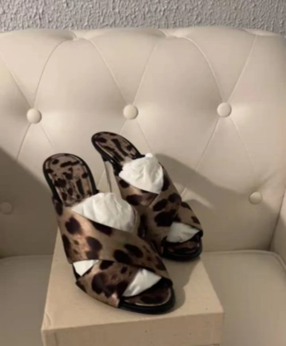 Sexy Style Leopard Print Crisscross Strap Sandals Satin Metallic Silver Stiletto Heel Open-Toe Design Retro Lady Footwear - view 4