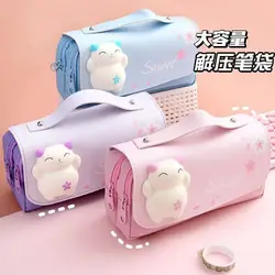 Kawaii Cat Decompression Pencil Case Large Capacity Pencil Box Double Layer Bag Portable Storage Box School Pouch Stationery