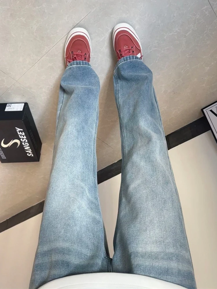 

Retro Blue Flared Jeans Men's Winter Fce mid Waist American High Street Vibe Narrow Straight Leg Long Pants