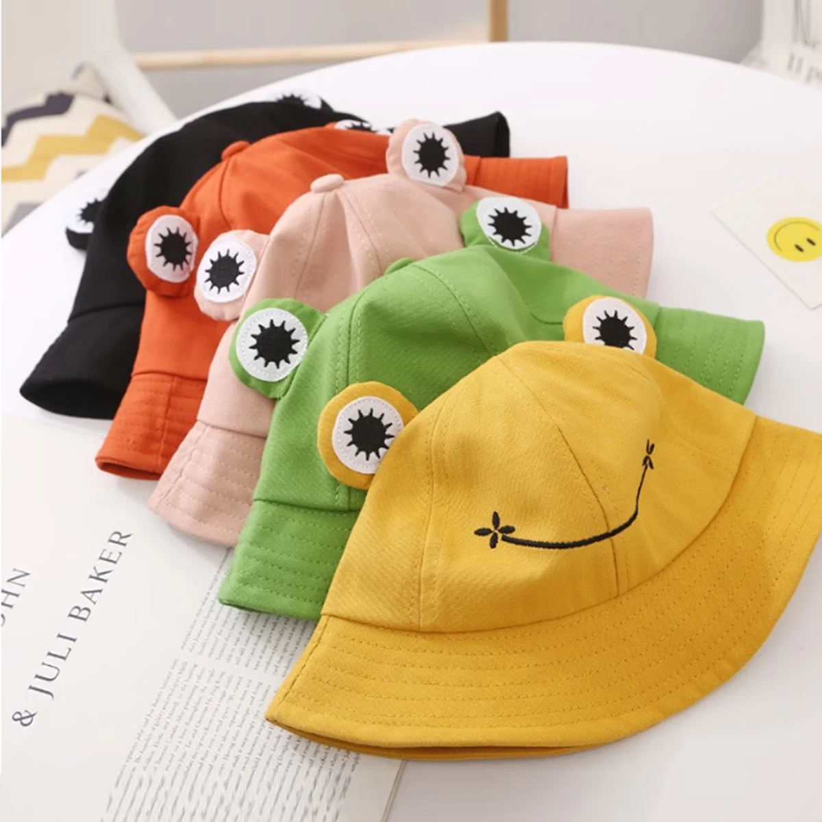 Kinderhüte für Frühling und Herbst, dünner Stil, Sonnenschutz für Jungen und Mädchen, kleiner gelber Kindergartenhut, Baby-Sonnenhut, Säuglings-Fischerhut, süßer Cartoon-Frosch