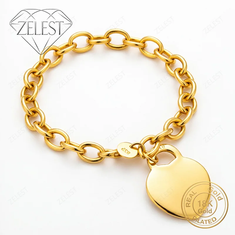 925 Sterling Silver 18K Gold Plated 8 Inch Exquisite Glossy Heart Lock Bracelet Women's Fashion Wedding Party Jewelry