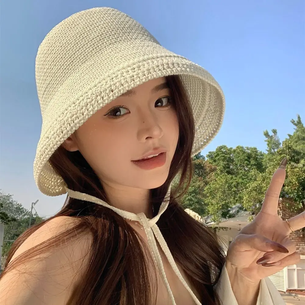

Portable Sun Protection Women Bucket Hat Solid Color Wide Brim Beach Sun Hat Folding Breathable Fisherman Cap