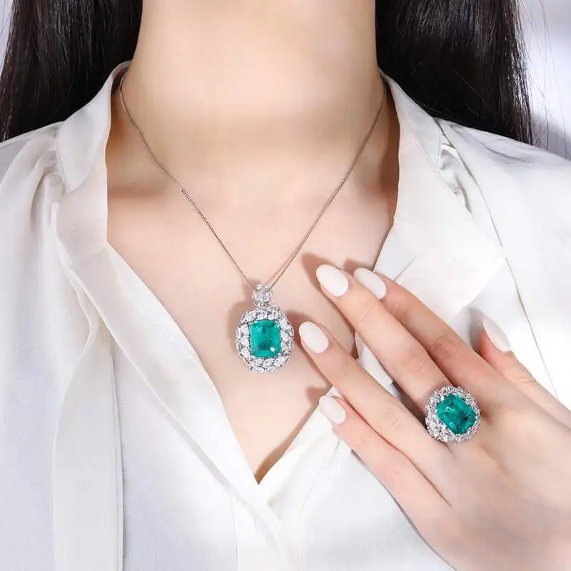 

New Arrival Luxury Emerald Stone 925 Sterling Silver Female Jewelry Sets For Women Necklace Ring Wedding Gifts Never Fade