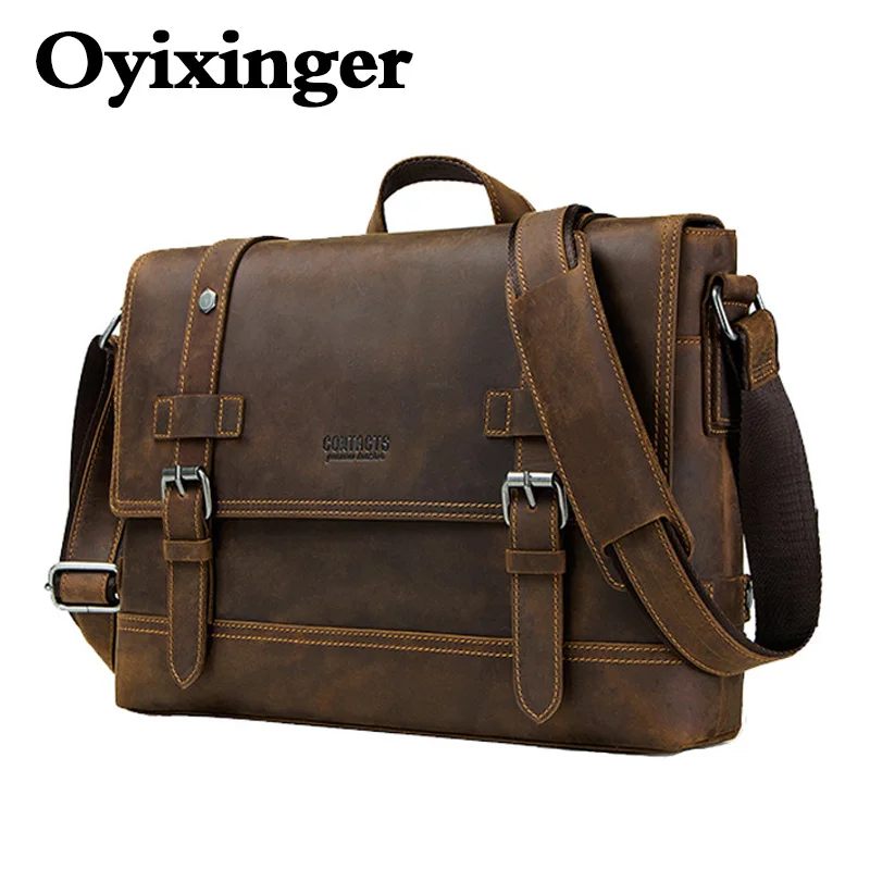 

OYIXINGER Men's Genuine Leather Briefcase Vintage Portable Business Office Bags Retro Large Capacity Male Messenger Shoulder Bag