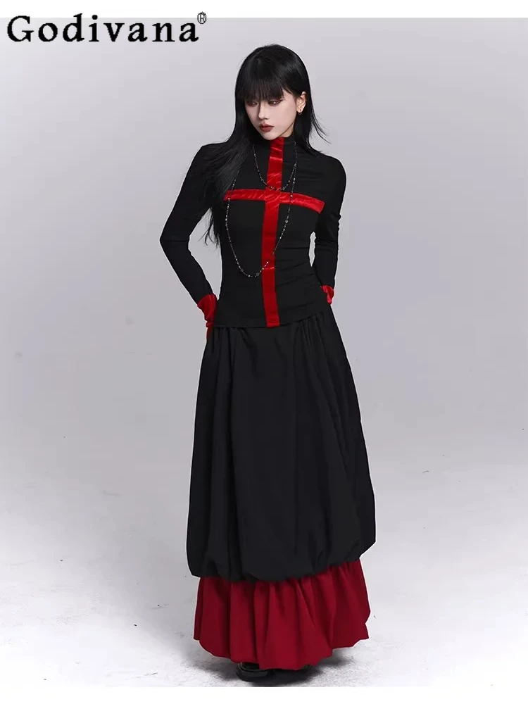 

Autumn Winter Fashion Gothic Black Semi-turtleneck Bottoming Top Punk Subculture Slim Versatile Age-reducing Long Sleeve Tops