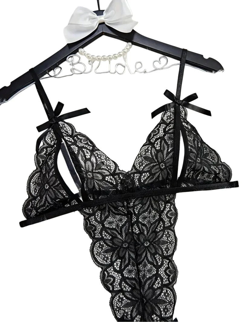 Sexy Perspective Erotic Lingerie with Open Cut Hollowed Out Leak Free Flirtatious Seductive Lace Suspender Suit for Women view 2