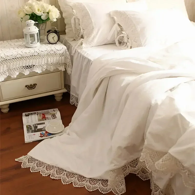 Romantic Bedding Set Elegant European Wide White Satin Duvet Cover Crochet Lace Bedspread Cotton Wedding Bedding Bedskirt