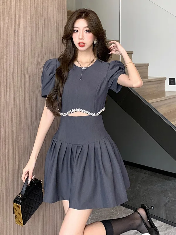 Korejpaa Elegant Women Dress 2024 Summer French Style Mini Dresses Outwear Puff Short Sleeve Slim Waist Hollow Pleated Vestidos