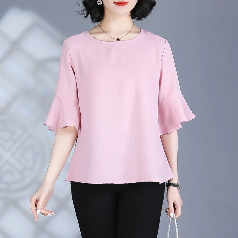 2024 New Summer Women\'s Fashion Elegant Simple Blouse White O Neck Half Sleeve Chiffon Shirt Casual Loose Tops Blusas Para Mujer