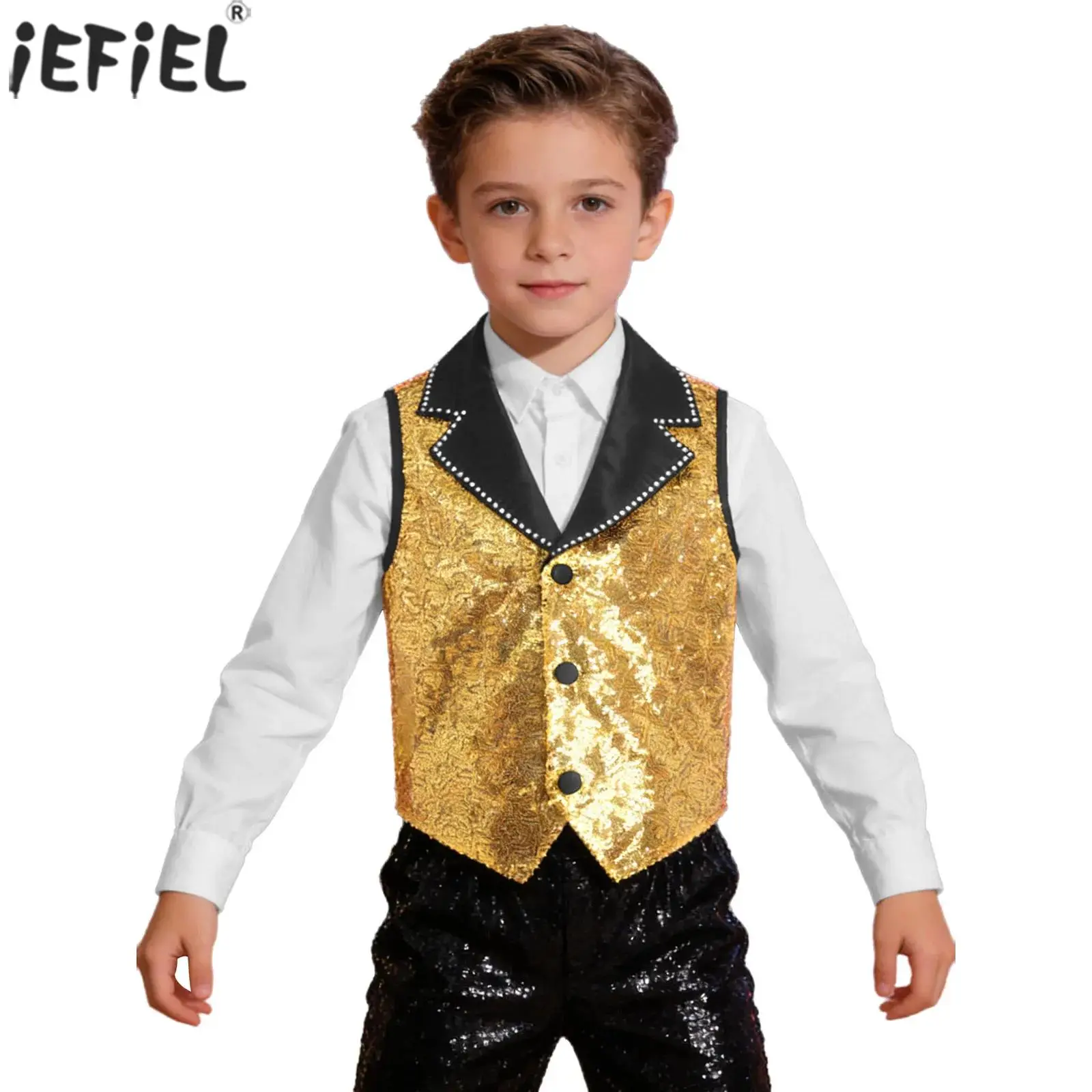 Funkelnde Pailletten-Weste für Kinder, Jungen und Mädchen, Disco-Party, Chor, Jazz, Hip-Hop, Tanz, Bühnenauftritt, Kostüm, ärmellose Weste mit Revers