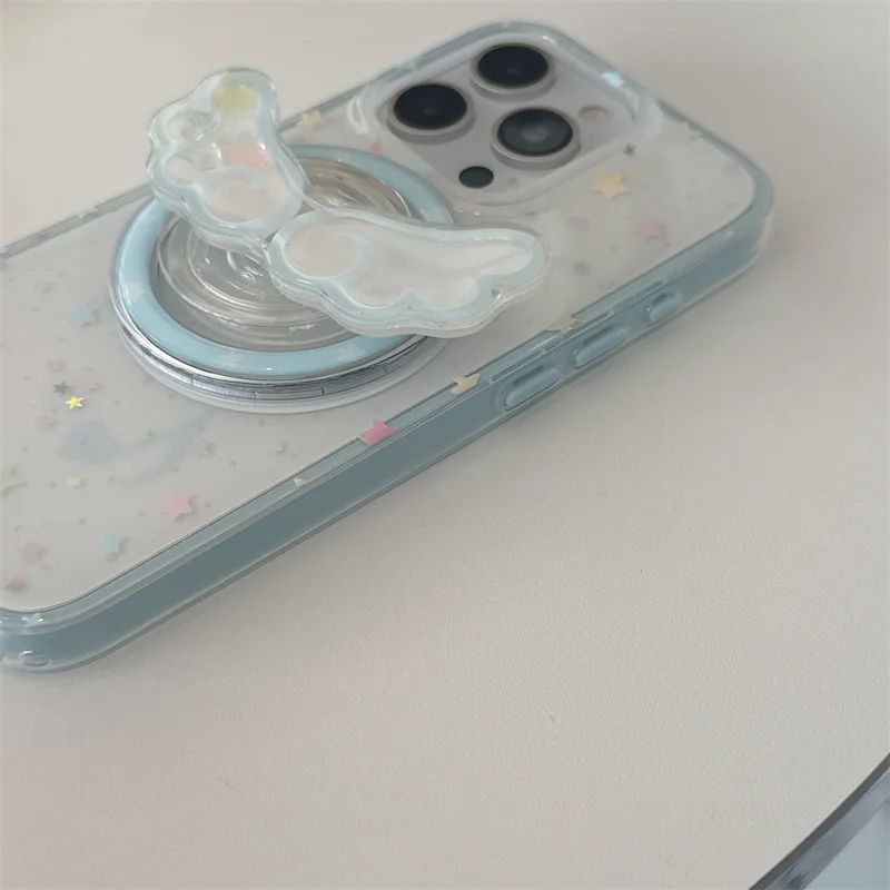 Korean Glitter Color Star Magnetic Phone Case For iPhone 16 Pro 14 15 Pro Max Cover with Cute Wing Stand Holder Shockproof Cases