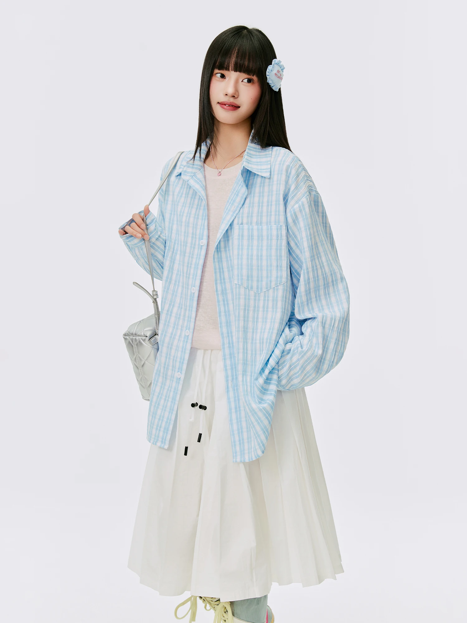 

Burgenland Women's Summer Loose Thin Shirt Sun Protection Outerwear Korean Style Long Sleeve Polyester Fiber Gingham Pattern
