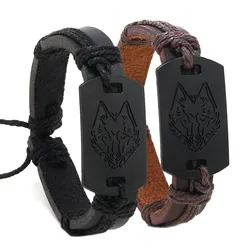 Retro Leather Bracelet of Men Wolf Shape Black Metal Hand-tied Adjustable Bracelet Men Accessories