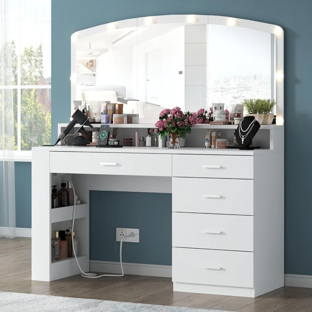 41 Inches White Vanity Desk with Lights, -Drawers Makeup Vanity Table with Power Strip and 2 Storage Shelves,with Lighted Mirror