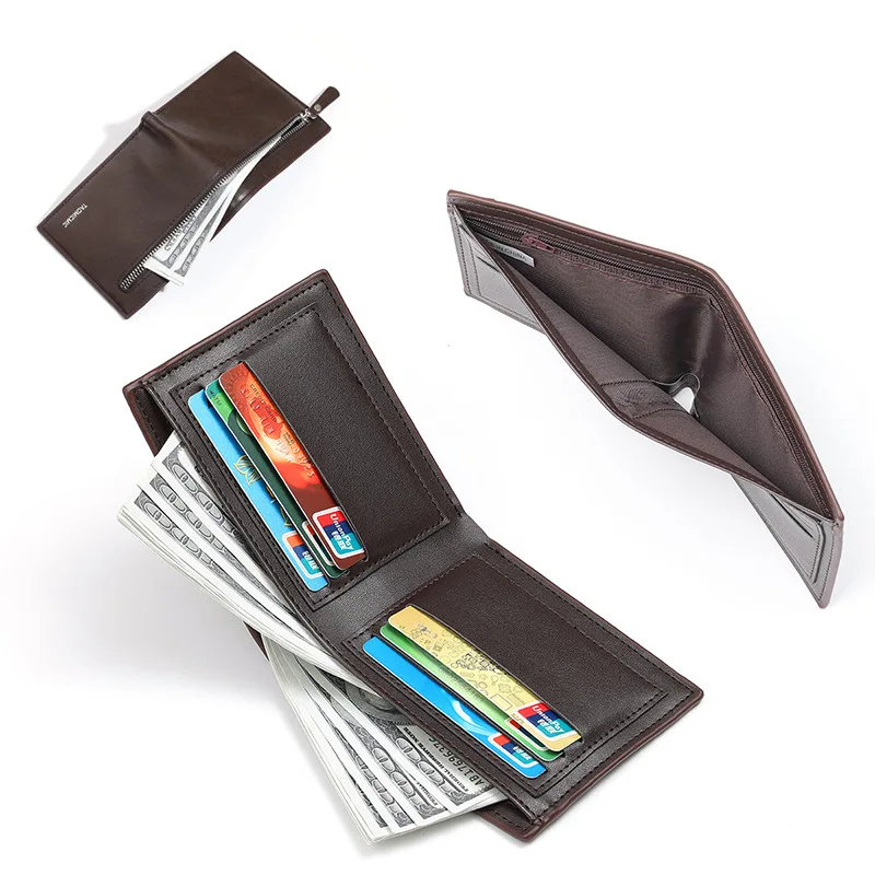PU leather solid-color short men's wallet, front pocket zipper, ultra-thin large banknote position, multi-slot business wallet