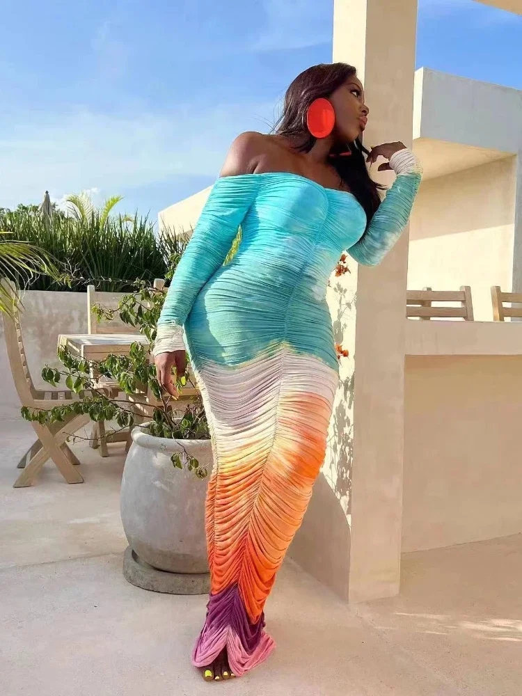 

Leosoxs Women Gradient Tie Dye Printed Off Shoulder Long Sleeve Maxi Long Midi Bodycon Ruched Dress 2024 Sexy Party Club Dresses