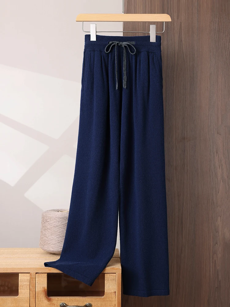 100% Cashmere Straight Pants Men Elastic Waist Drawstring Trousers Autumn Winter Regular Knitted Pockets Soft Basic Casual Pants