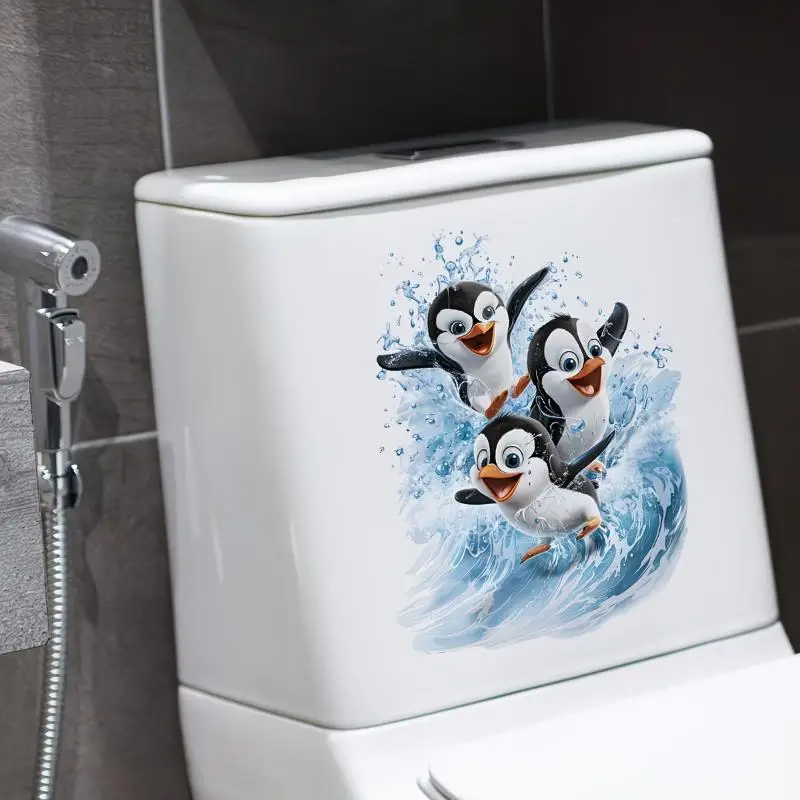 Cute Swimming Penguin Toilet Sticker Waterproof Bathroom Wall Sticker Self-Adhesive Removable Decals Home Decor
