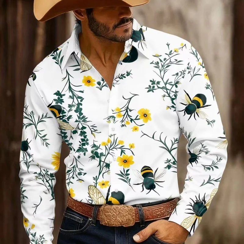 Men's Floral Print Long-Sleeve Shirt, Stylish Slim-Fit Button-Down Casual