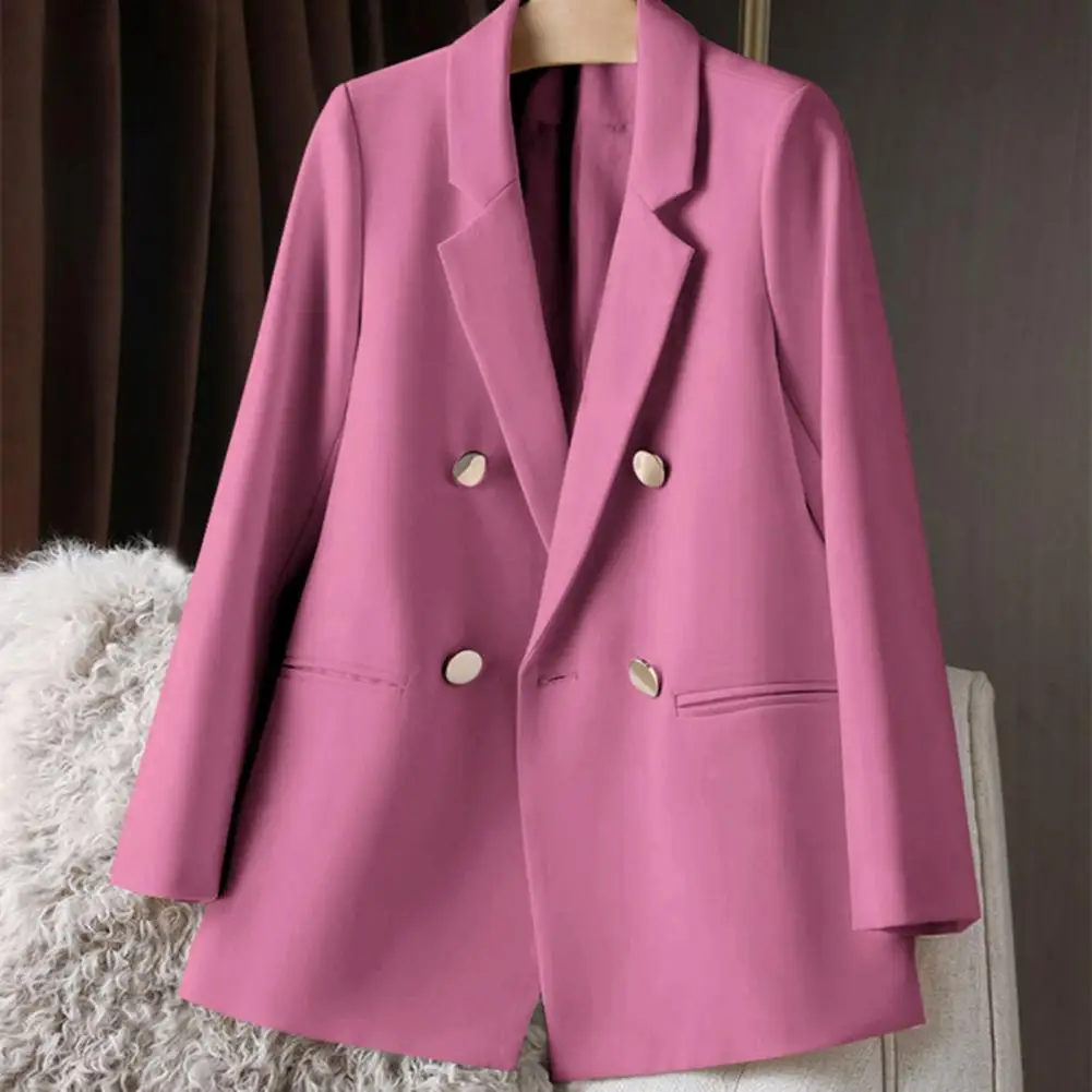 Mantel gaya bisnis wanita, Blazer kasual kancing dua baris longgar warna Solid kerah lengan panjang OL komuter jaket panjang sedang